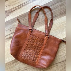 Vilenca Holland Large Cognac Brown Leather Purse Shoulder Bag Tote Woven Zip